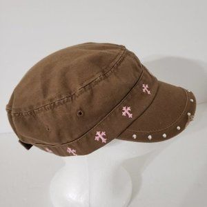 Brown Distressed Cap Rhinestones Pink Crosses Adjustable Chic Cap Western Cap